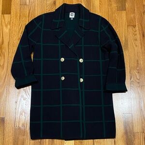 Anne Klein Navy and Green Double Breasted Sweater Coat